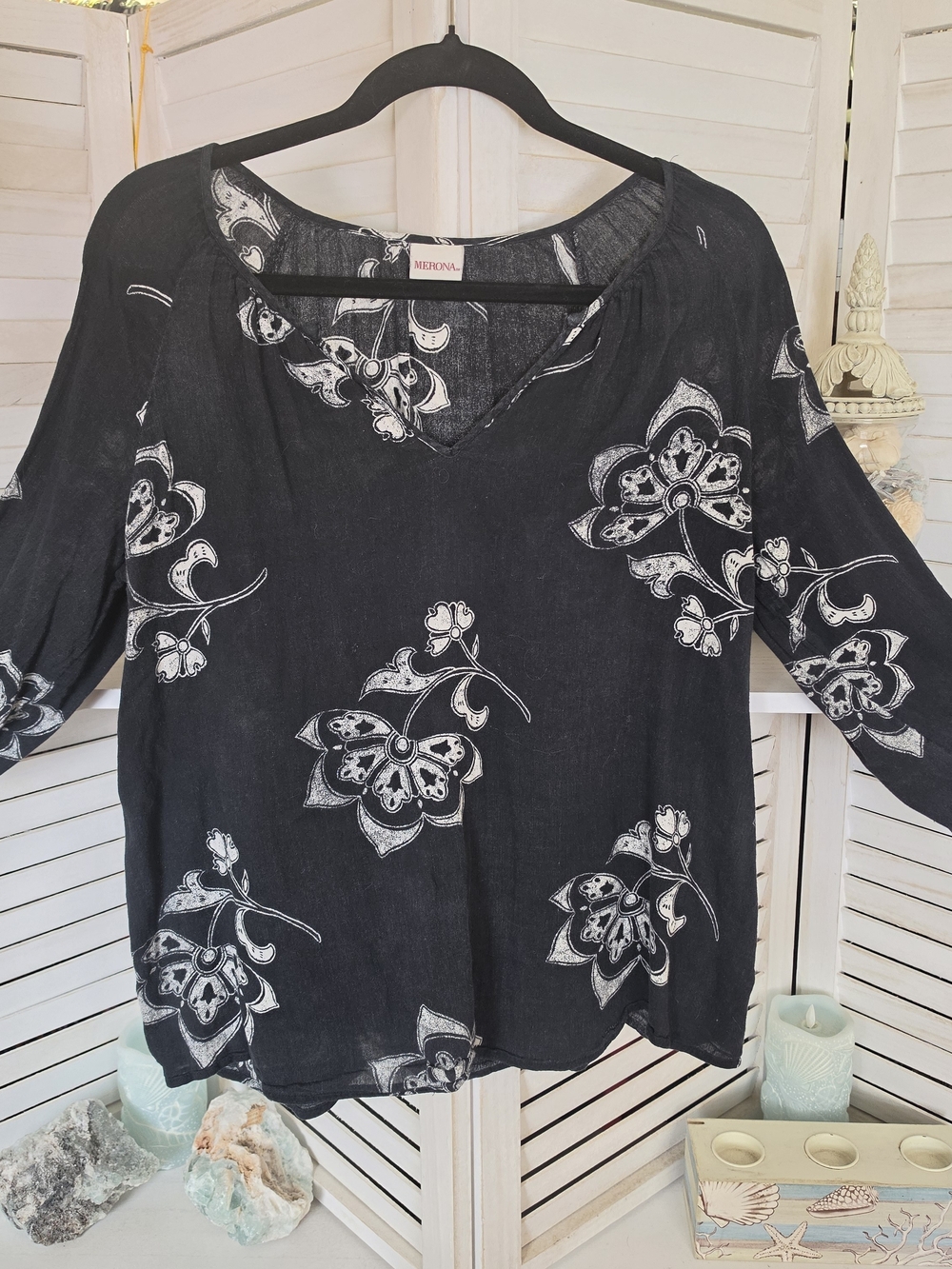 Merona Black White Floral Cotton V-Neck Tunic Top Size L Long Sleeve Blouse